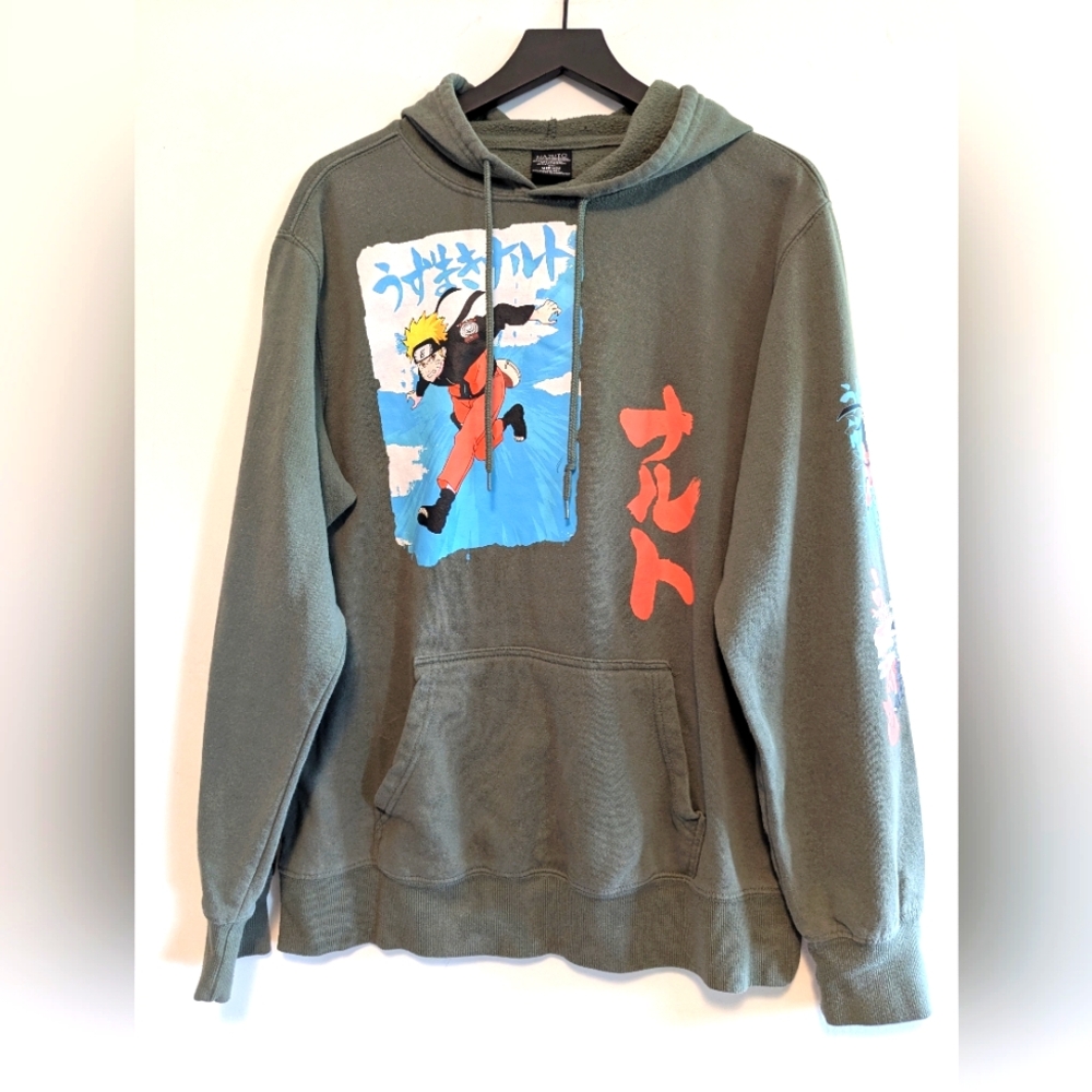Naruto Shippuden Army Green Hoodie Graphic Design Sleeve Detail Sz Large Unisex